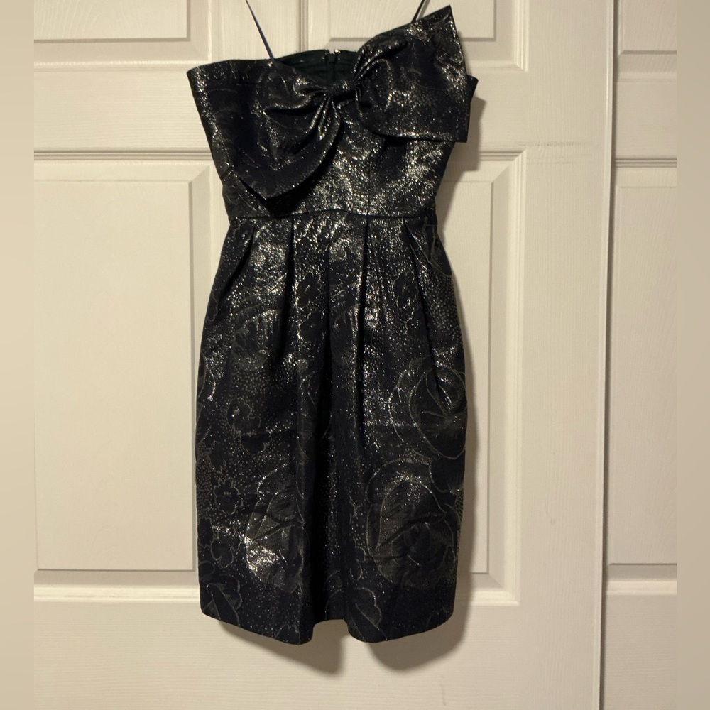 Rebecca Taylor Bow Strapless Blue Silver Metallic Floral Dress ASO Taylor Swift
